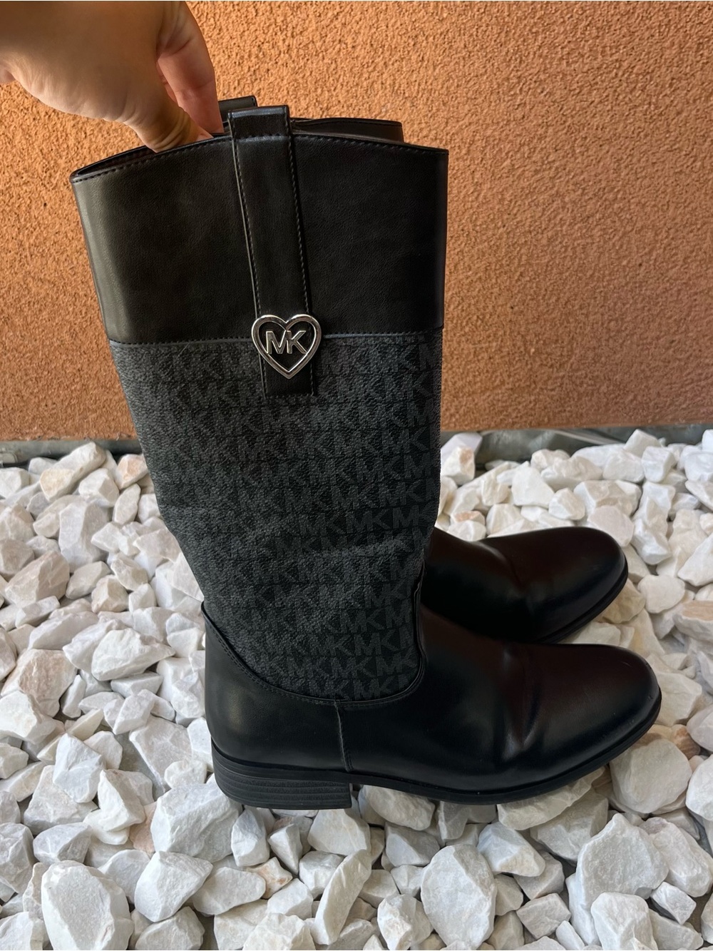 Michael Kors Black Leather & Monogram Mid-Calf Boots with Heart MK Charm
